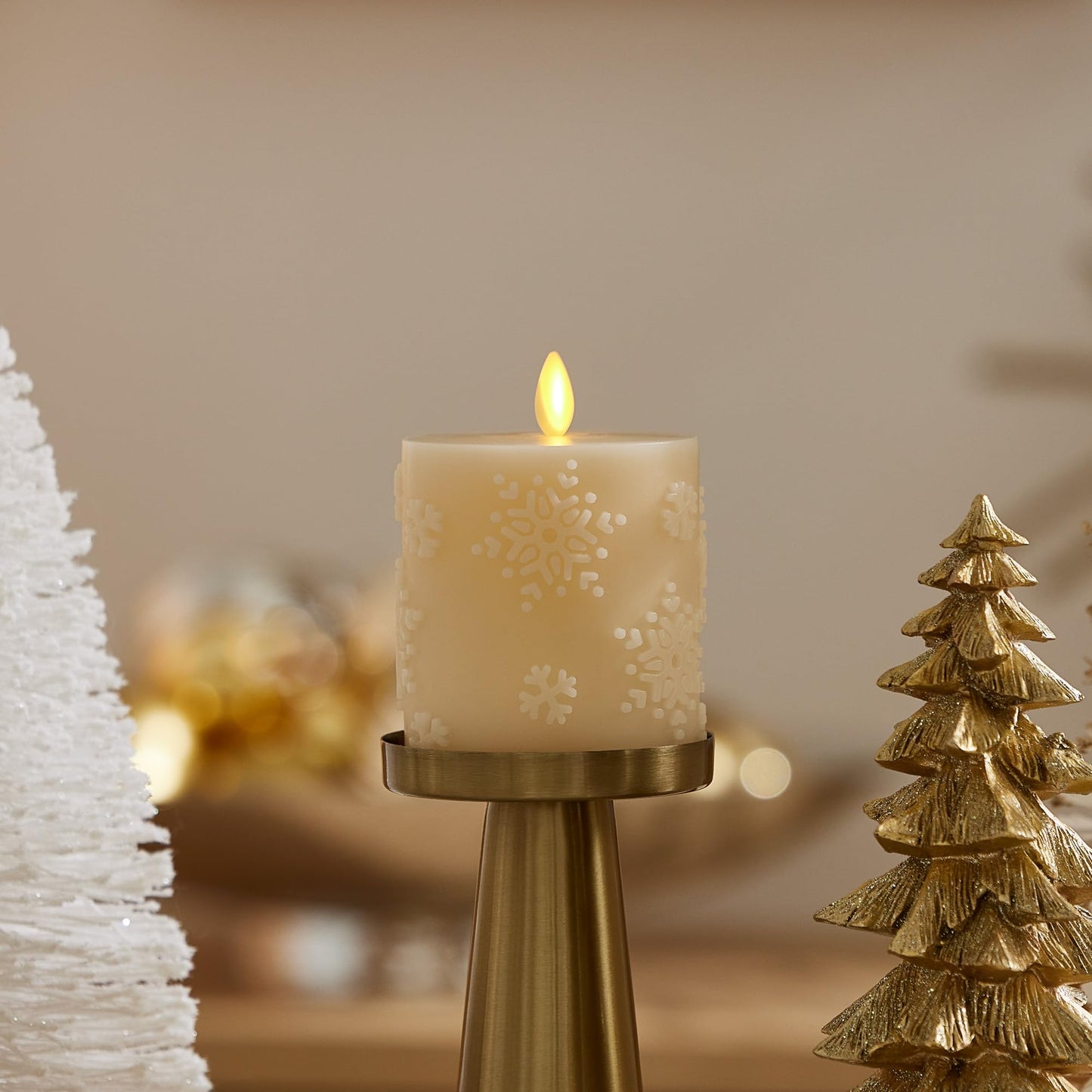 Luminara White Swan Snowflake Embossed Flameless LED Candle, 3.2" x 4.5", Moving Flame, Safe Timer Feature, Real Wax, Battery Operated Home Décor