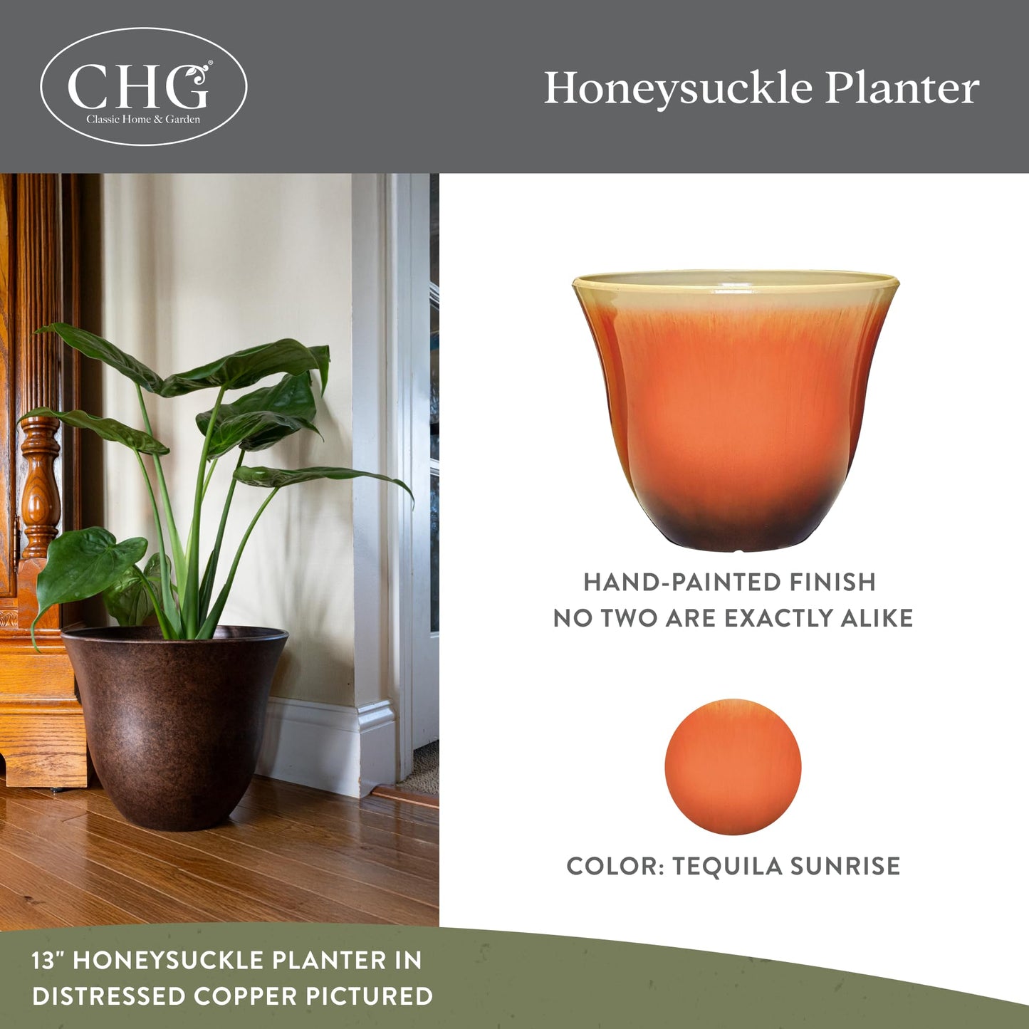 Classic Home and Garden Honeysuckle Resin Planters - Lightweight Indoor & Outdoor Plant Pots - UV-Resistant Plastic Flower Pots - Pot Planters for Flowers & Herbs (15" Tequila Sunrise)"