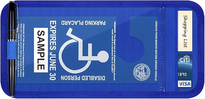 Handicap Placard Holder for Auto, Wisdompro Disabled Parking Permit Sign Protector for Car Sun Visor with Note Paper Slot, Pen Holder and Elastic Strap - Blue
