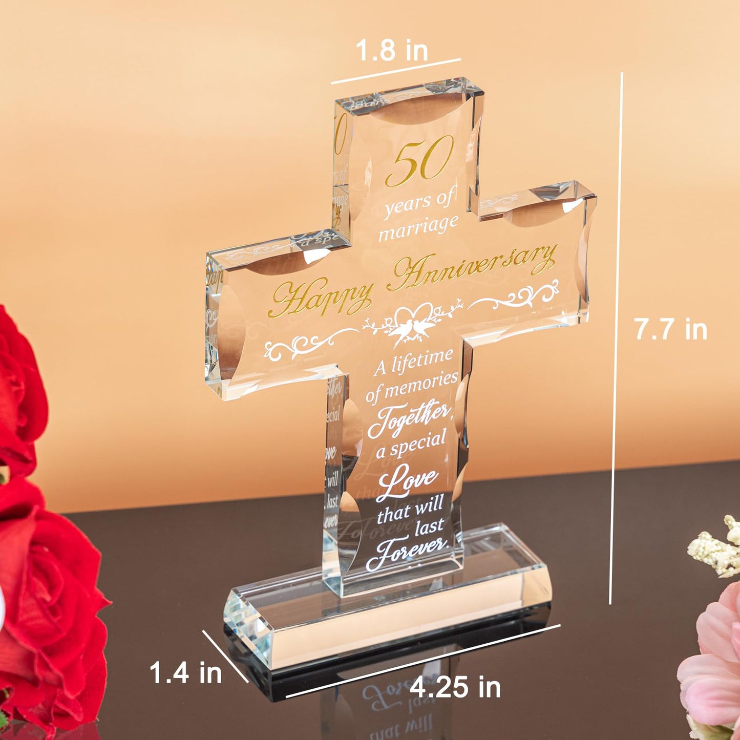 50th Wedding Anniversary Religious Gifts for Parents, Laser Engraved Glass Standing Cross for Couple Wife Husband Dad Mom, 50 Years Aniversary Decorations for Home Party