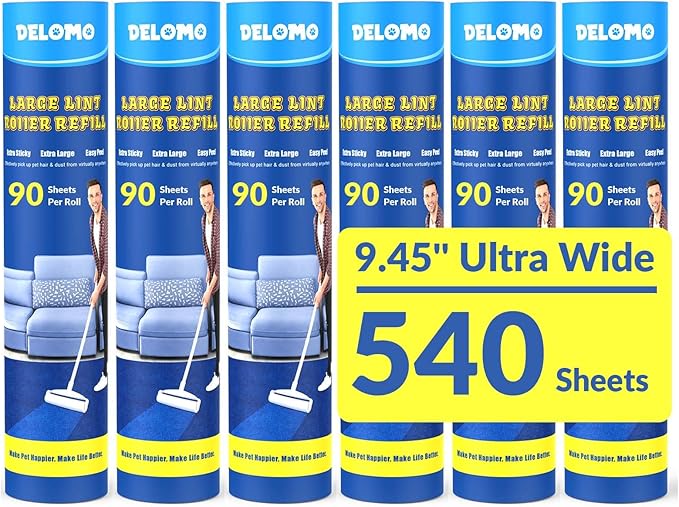 DELOMO Large Lint Roller Refills (6 Pack, 540 Sheets) â Compatible Only with DELOMO 9.45 in Giant Lint Roller â Extra Sticky Floor Lint Roller Refill for Carpets, Beds, Couches, Cars & Pet Hair