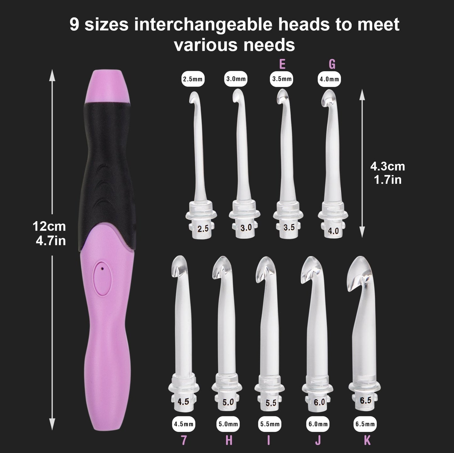 Vidillo Crochet Hooks Lights Set with Case, Ergonomic Rechargeable Lighted Hooks,9 Interchangeable Heads Hooks with a Crochet Hooks Case, Knitting Knit Needles Weave Yarn Sewing DIY Craft (Purple)