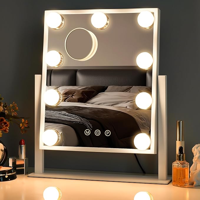 Sucedey Vanity Mirror with Lights, Makeup Mirror with Lights, 3 Color Lighting Modes Detachable 10X Magnification Mirror Touch Control, 360Â°Rotation, White