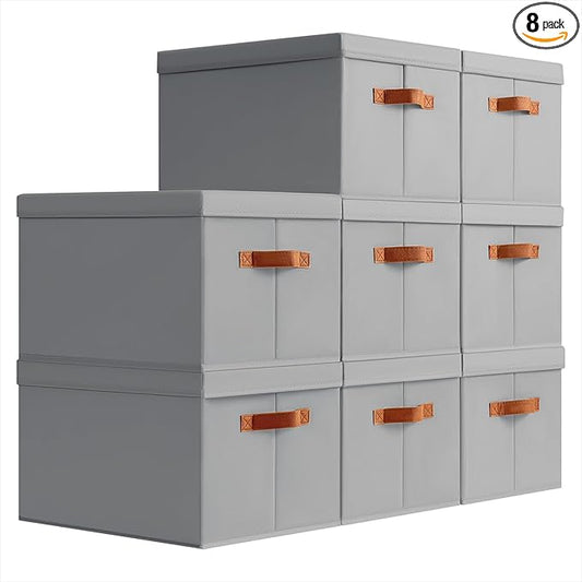 Storage Bins with Lids - Large Fabric Closet Bins with Lid, 8 Pack Clothes Organizers and Storage, Collapsible Stackable Cube Basket for Home, Office, Dorm, Grey