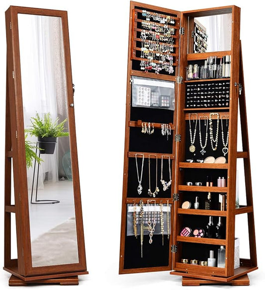 CHARMAID 360Â° Swivel Jewelry Armoire with Higher Full Length Mirror, Standing Lockable Jewelry Cabinet Organizer with Large Storage Capacity, Inside Makeup Mirror, Back Storage Shelves (Walnut)