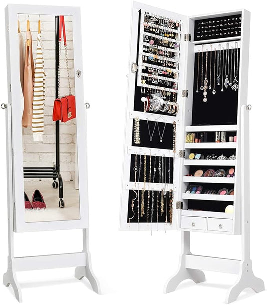 Giantex Lockable Standing Jewelry Armoire with Full Length Mirror, Large Storage Capacity Jewelry Cabinet Organizer with 2 Drawers, 4 Angle Adjustable, Extra Wide Mirror for Women Girls (White)