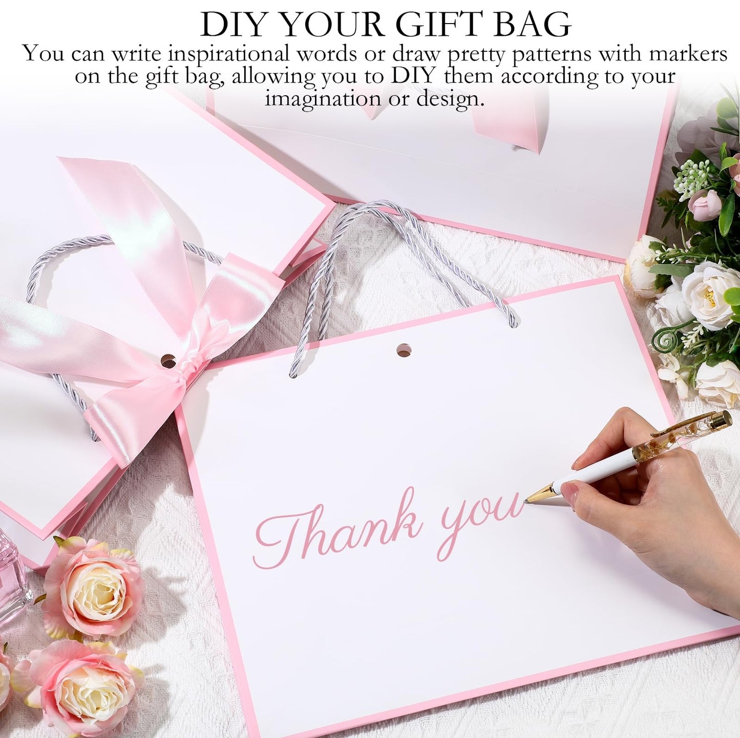 Silkfly 12 Pcs Thank You Gift Bags with Handle 12x10x4'' Welcome Bags Return Gifts with Bow Ribbon for Wedding Bridesmaid Baby Shower Housewarming Birthday Thanksgiving Christmas(White, Pink)