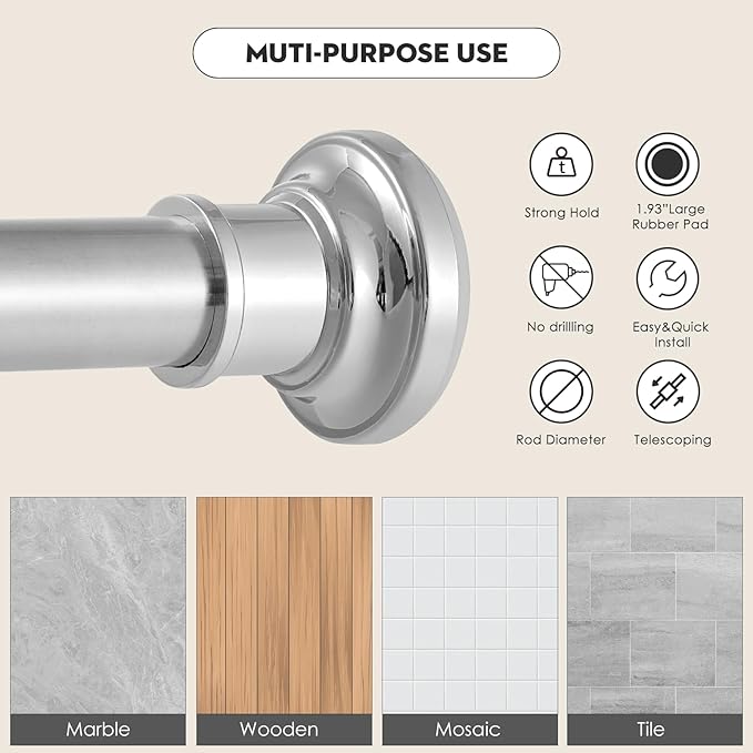 Silver Long Curtain RodTension Shower Curtain Rods 30 to 88 inch Adjustable Spring Heavy Duty Rods for Bathroom Windows Outdoor No Drill No Slip Stainless Steel
