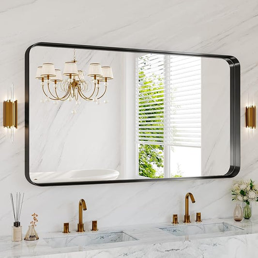 Black Metal Vanity Rounded Rectangle Bathroom Mirrors for Over Sink Wall, 55x30 Inch Large Matte Mirror, Anti-Rust, Modern Decorative for Restroom, Farmhouse
