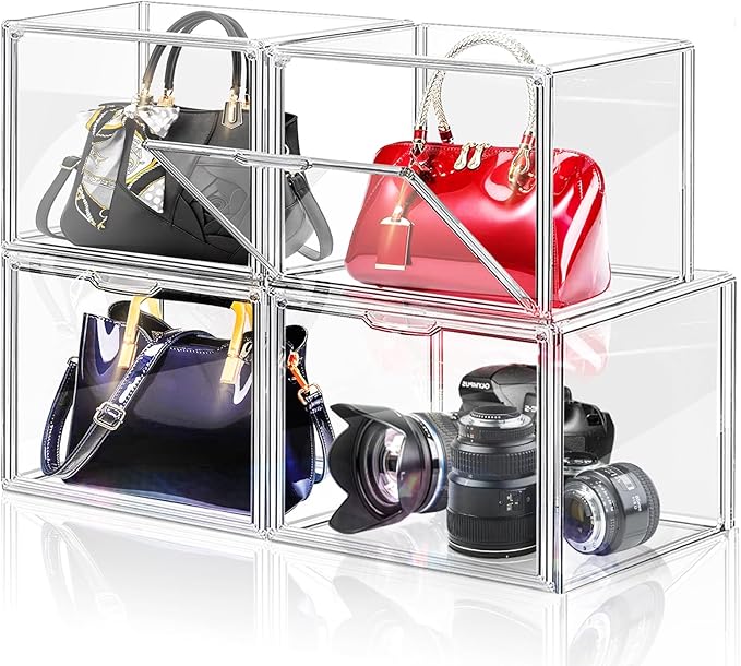 DILIBRA 4 Packs Clear Plastic Handbag Storage Organizer for Closet, Acrylic Display Box for Handbag, Stackable Storage Boxes Bag Organizer with Magnetic Door for Purse Clutch Wallet Book Toys