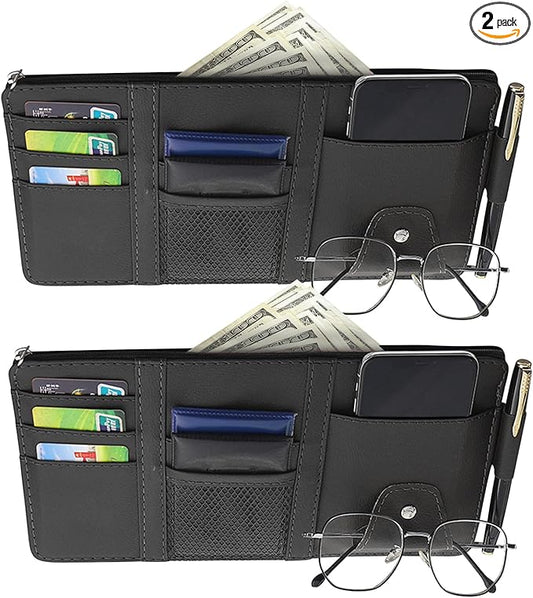 2 Packs Car Sun Visor Multi-Pocket Organizer for SUV & Truck, Auto Visor Storage Pouch with Big Zipper Pocket, Card Sleeve, Driving License, Insurance, Sunglasses, Pen, Key, Lipstick