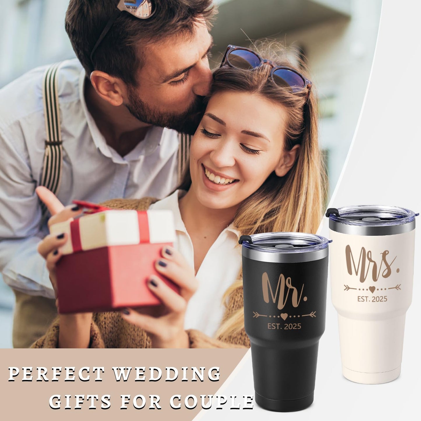 Gtmileo Mr & Mrs EST 2025 Stainless Steel Insulated Tumbler Set, Wedding Gifts for Couples, Bridal Shower Gifts - 30oz, Black&Beige
