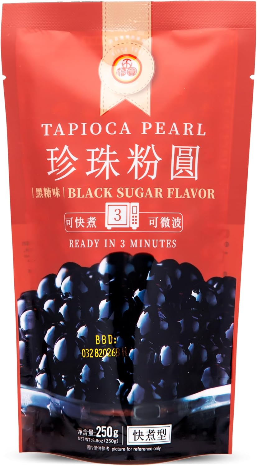 WuFuYuan Boba Tapioca Pearls, Black Sugar Flavor, Quick Cook Bubble Tea Boba, Microwave Ready in 3 Minutes, 8.8 oz(Single Pack)