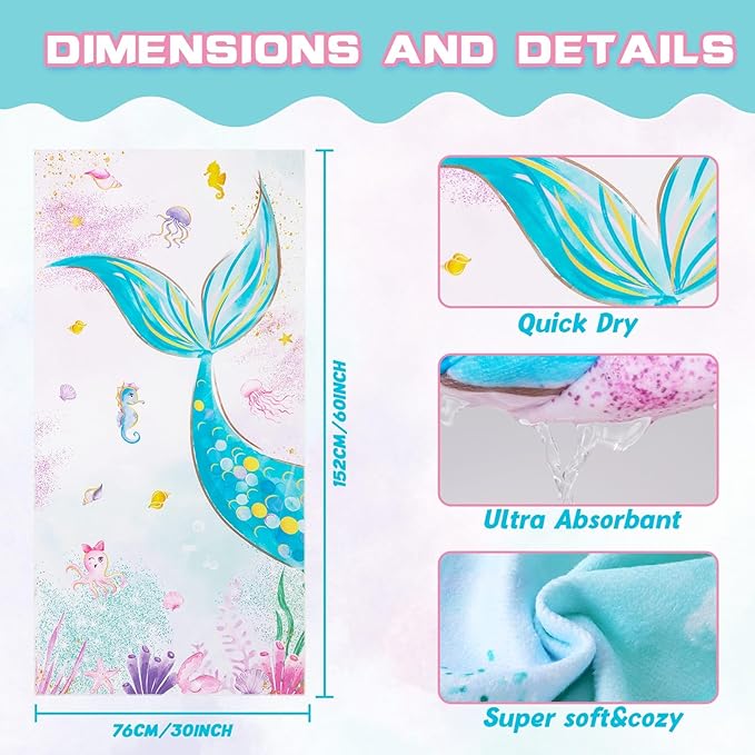 WERNNSAI Mermaid Kids Beach Towel - 30” x 60” Microfiber Mermaid Sand Free Towels for Girls Bath Pool Camping Travel Towel Quick Dry Ultra Absorbent Super Soft Beach Blanket Bath Shower Towel