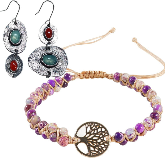 Red And Blue Two-color Double-layer Braided Winding Bracelet Agate Beads Tree of Life Bracelet, Boho Mint Chalcedony Faux Coral Earrings Asymmetric Vintage Thai Silver Earrings