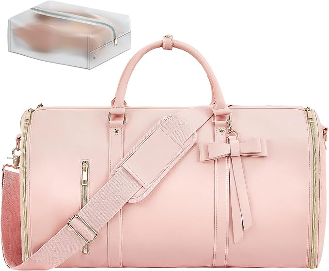 Garment Bags for Travel, Convertible Suit Travel Bag for Women, Stylish Carry On Garment Bag with Toiletry Pocket, Shoulder Strap and Shoes Compartment, 2 in 1 Foldable PU Leather Duffle Bag, Pink