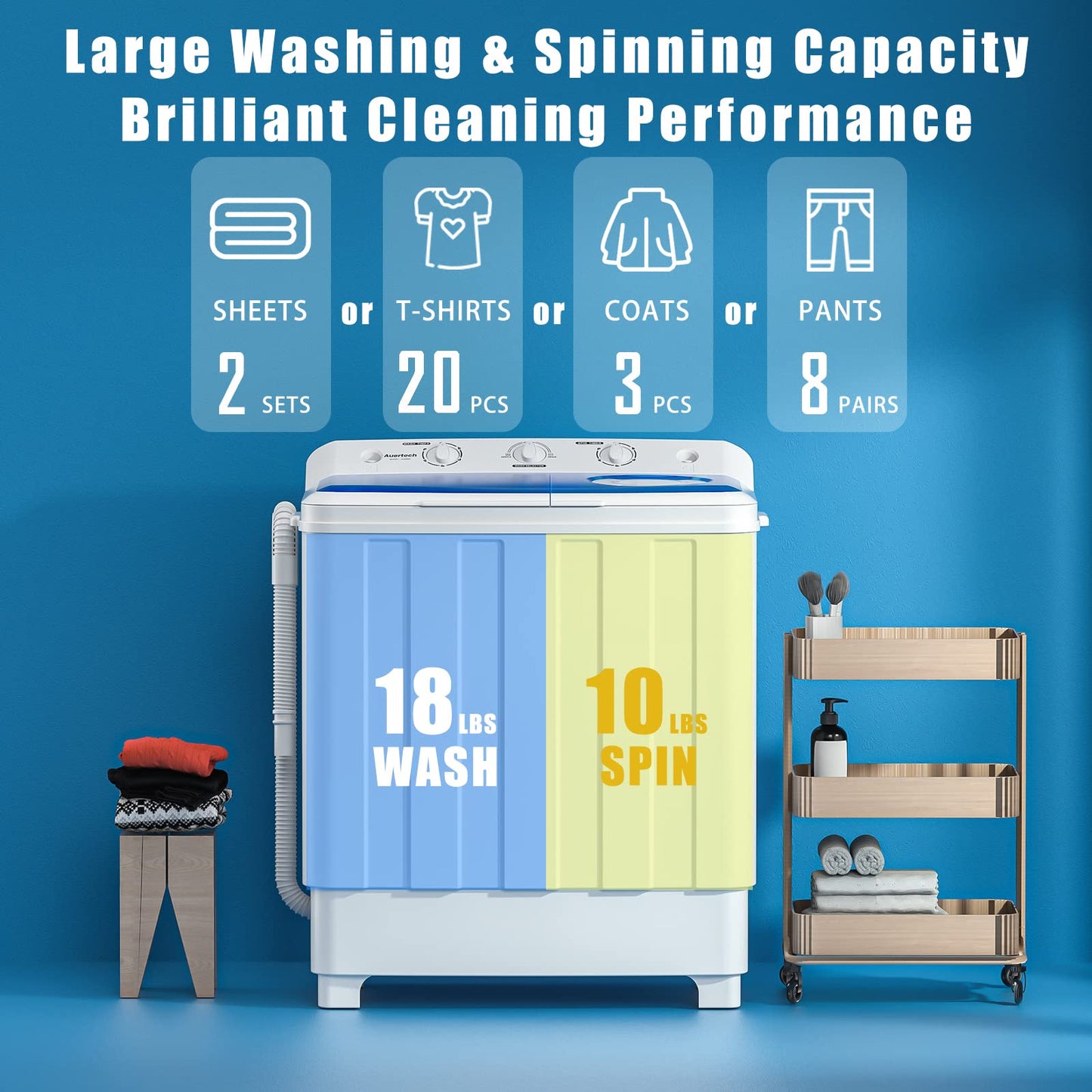 Auertech Portable Washing Machine, 28lbs Twin Tub Washer Mini Compact Laundry Machine with Drain Pump, Semi-automatic 18lbs Washer 10lbs Spinner Combo for Dorms, Apartments, RVs