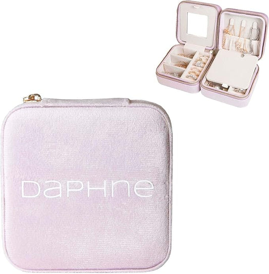 Customizable Compact Velvet Jewelry Box with Mirror, Travel Jewelry Case, Travel Jewelry Organizer, Jewelry Box for Women and Girls, Small Jewelry Organizer (Center Text, Lavender Pink)