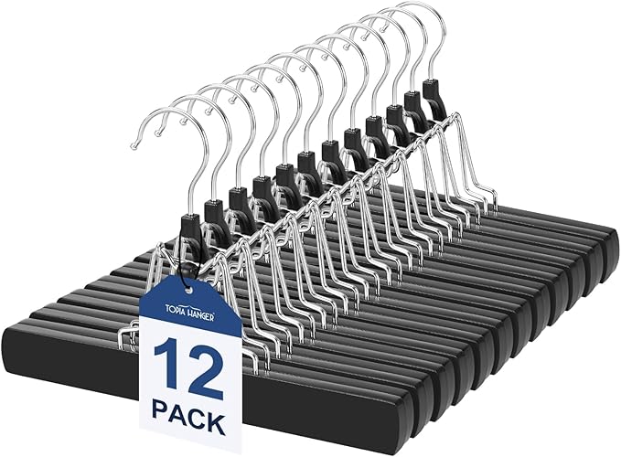 TOPIA HANGER 12 Pack Wooden Pants Hangers, Hair Extension Hangers Non Slip Skirt Hanger Wood Clamp with Velvet Padded 360Â° Swivel Hook for Jeans, Skirts, Trousers, Wigs CT67B