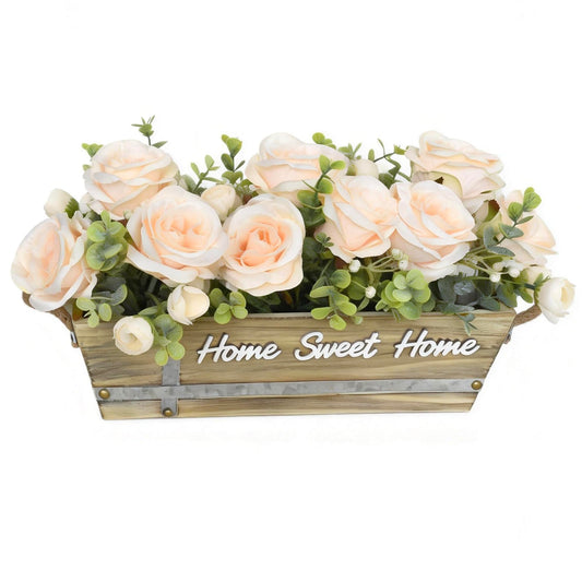 ANMAYNICE Artificial Rose Flower Arrangement with Eucalyptus in Wooden Planter, Faux Flowers Farmhouse Table Centerpiece, “Home Sweet Home” Rustic Home Décor, Champagne