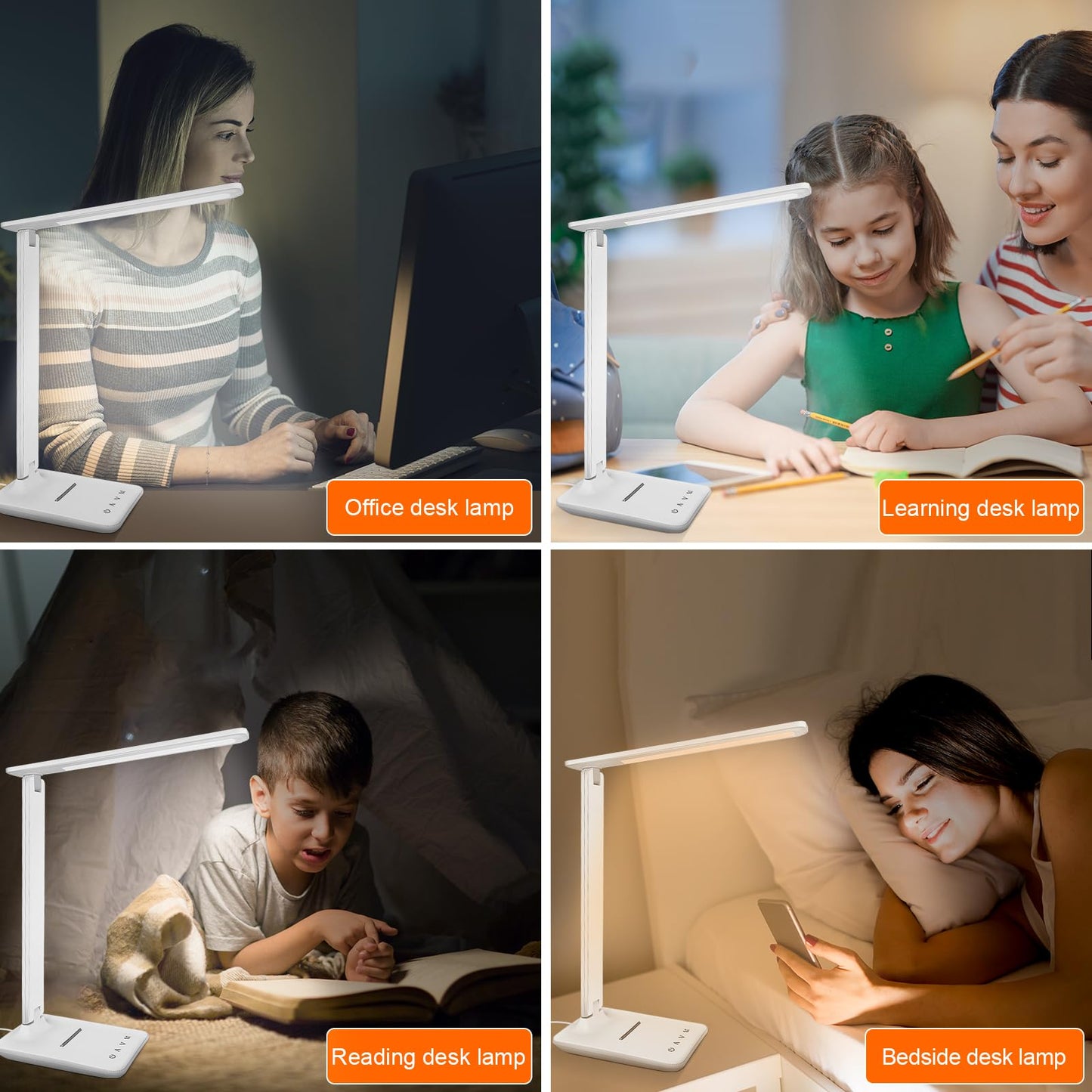 karidi LED Desk Lamp Dimmable Table Lamp with USB Charging Port, 5 Lighting Modes, Sensitive Control, Foldable Portable Desk Light for Home Office Bedroom Reading (White, Standard Size - 13.3 inch)