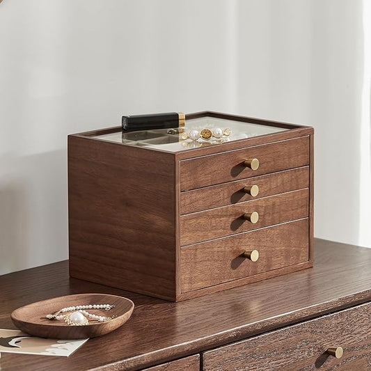 Black Walnut Wooden Jewelry Box for Women large 4 Layer Drawer Organizer Box with Glass Lid for Necklaces, Watch, Necklace, Ring, Earring Storage - Valentine's Day Gifts