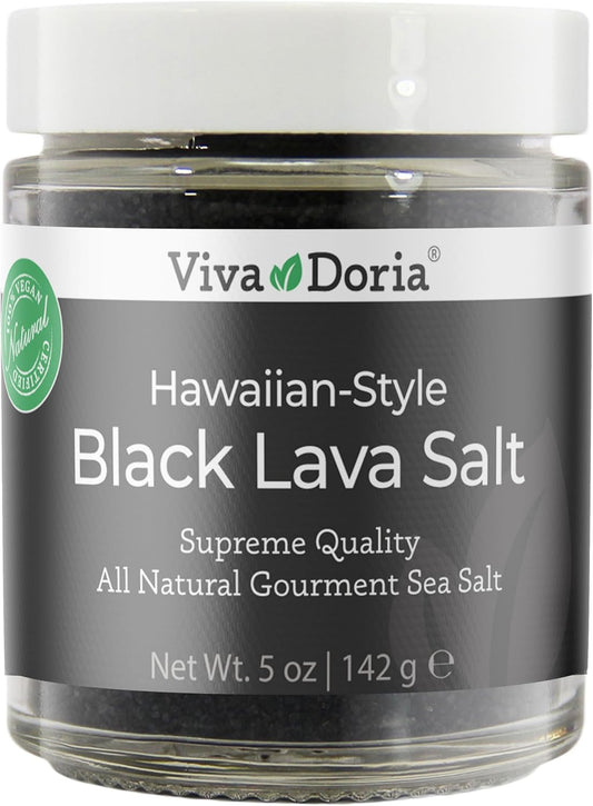 Viva Doria Hawaiian Black Lava Sea Salt, Fine Grain, Lava Salt, 5 Oz Glass Jar