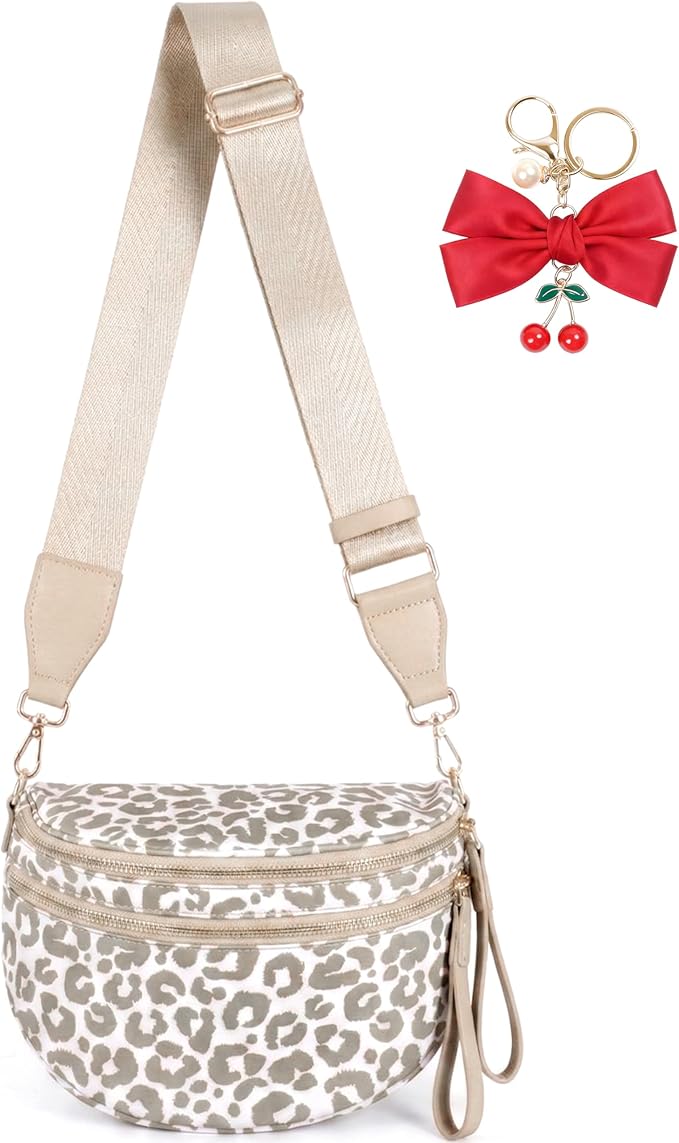 Leopard Crossbody Bag for Women | Spacious Bum Bags | Nylon Crossbody Fanny Packs | Leopard Purse Belt Wallet (Colour Bum Bag-Khaki and White)