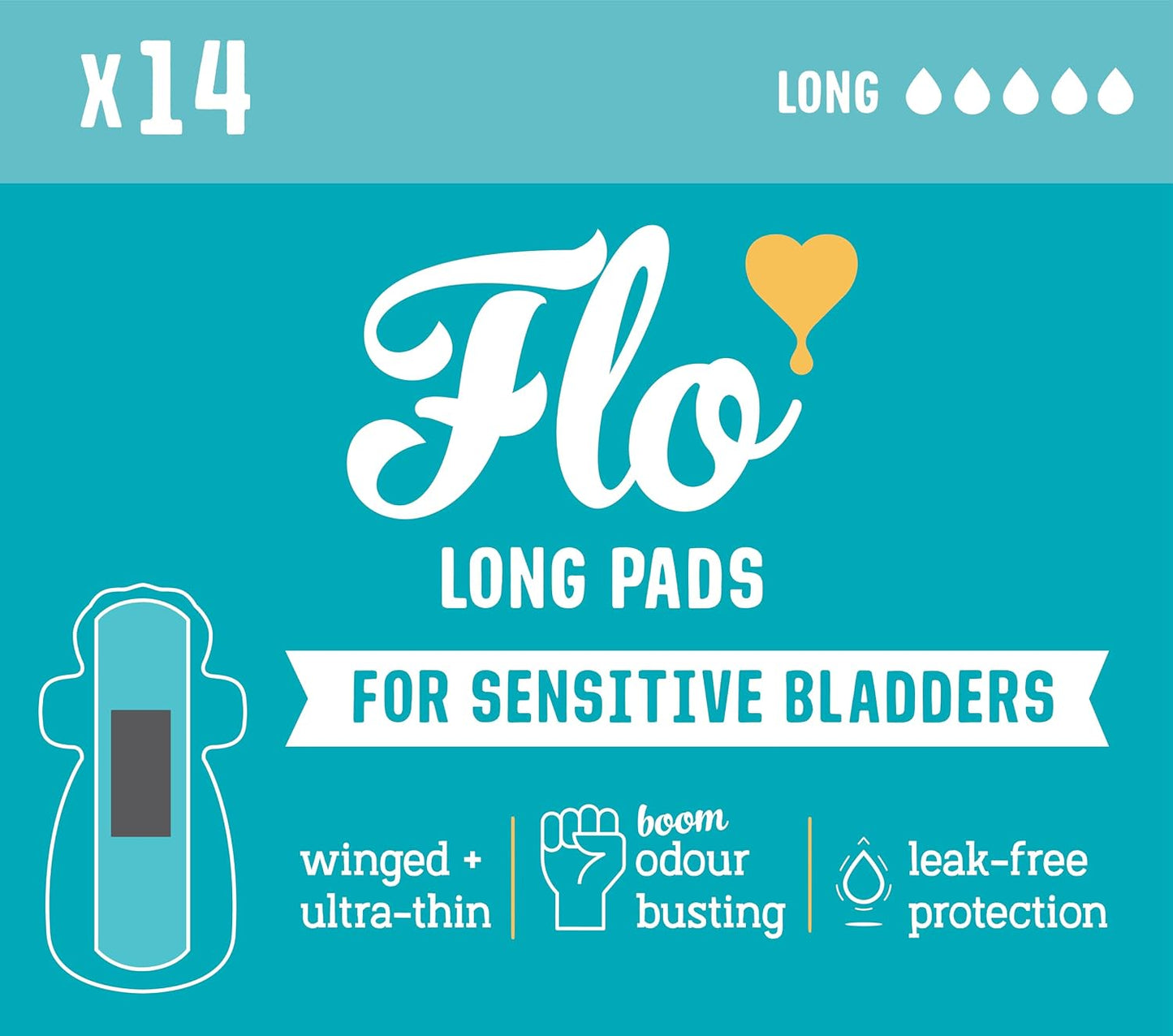 Flo - Sensitive Bladder Long Pads (14 Pack) - Wrapped, Ultra-Thin - Absorbent, Soft, Breathable - Charcoal Core - Made with Organic Bamboo - Incontinence Pads for Women - Vegan & Cruelty Free