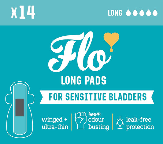 Flo - Sensitive Bladder Long Pads (14 Pack) - Wrapped, Ultra-Thin - Absorbent, Soft, Breathable - Charcoal Core - Made with Organic Bamboo - Incontinence Pads for Women - Vegan & Cruelty Free