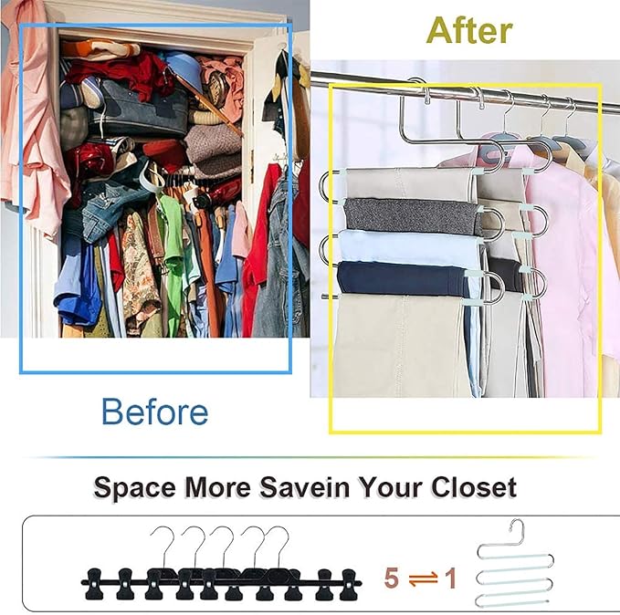 Devesanter Space Saving Non-Slip 4 Pack S-Shape Trousers Hangers - Stainless Steel Closet Storage Organizer for Pants, Jeans & Scarves - Green