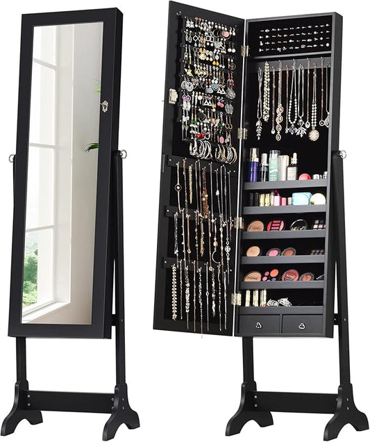 COSTWAY Standing Jewelry Armoire Cabinet, 4-Angle Tilting Jewelry Organizer with Full-Length Mirror and Large Storage Capacity, Lockable Jewelry Cabinet for Bedroom, Dressing Room (Black)