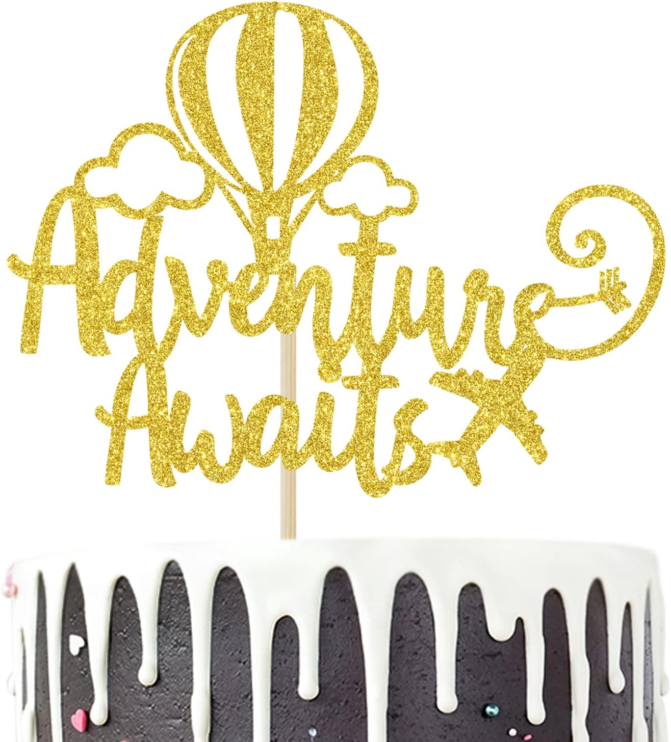 Adventure Awaits Cake Topper, Congrats Grad/New Chapter Cake Topper, 2026 Graduation/Retirement/Bon Voyage/Baby Shower/Moving Party/Travel Theme Party Decorations Supplies, Gold Glitter