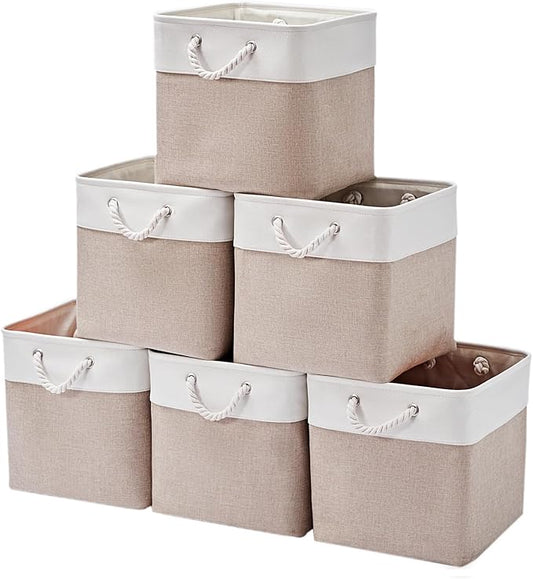 13 x 13 Inch Storage Cubesï¼6 Pack Cube Storage Bins for Shelvesï¼Fabric Collapsible Storage Bins with Handles, Foldable Storage Basket for Organizing Clothes, Toys, Books (White&Beige)