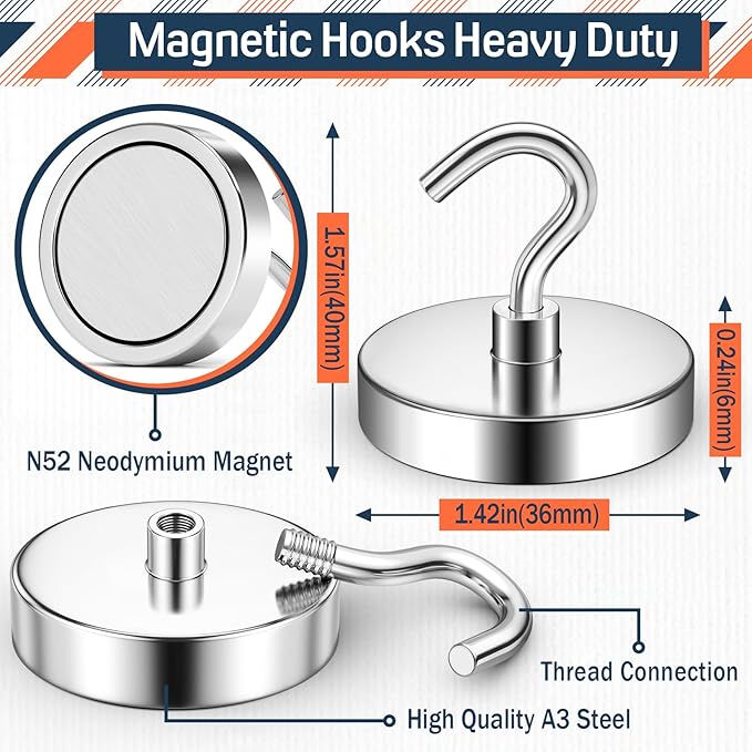 FINDMAG Magnetic Hooks for Cruise Cabins, 150lbs Metal Magnetic Hooks for Hanging, Magnet Hangers for Whiteboard, Strong Magnets Heavy Duty for Classroom Organization, Office Supplies, 6Pack, Silver