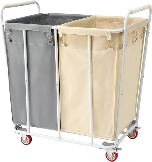 Hoctieon 2 Section Laundry Sorter Cart, 400L Rolling Hamper with Wheels, Industrial Laundry Basket Organizer, Extra Large Dirty Clothes Hamper for Home & Hotel, Heavy Duty, Gray+Beige