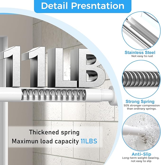 Shower Curtain Rod 31-63 Inch,0.87"Diameter Adjustable Spring Tension Curtain Rods No Drill,Ivory White Shower Tension Rod for Bathroom,Room Divider,Window,Anti-Rust Non-Slip 1-Pack