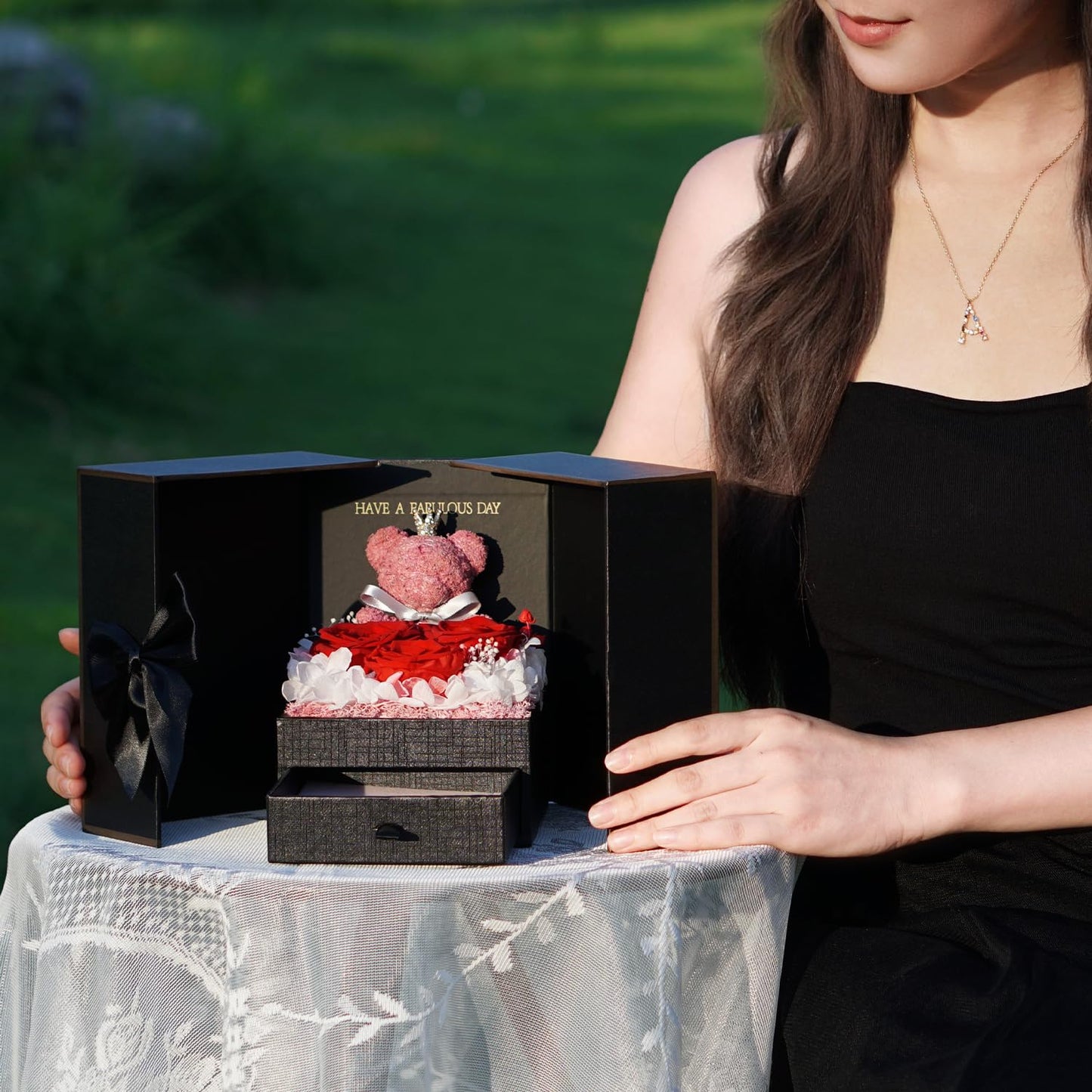 ADDWel Preserved Rose Gifts for Her - Eternal Rose Gifts for Women Mom Girlfriend Wife Sister on Birthday Anniversary, Unique Forever Preserved Rose Box with Personalized Initial Letter Necklace A