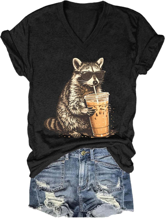Raccoon Drinking Iced Coffee Shirt, Funny Cute Raccoon Drinking Iced Coffee V-Neck Tshirt for Women Men