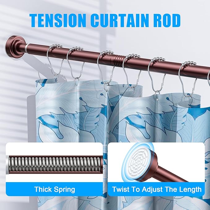 TEECK Shower Curtain Rod, 32-92 inch Adjustable Spring Tension Curtain Rod, Never Rust Anti-Slip Shower Curtain Rod for Bathroom, No Drilling, Never Collapse, Easy to Use, Brown