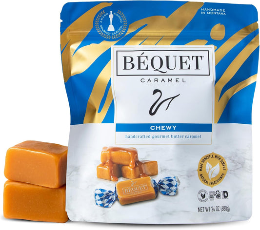 Béquet Caramel - Chewy - Gourmet Caramel Candy - Caramel Candy Individually Wrapped - Made in Montana - Kosher (Star D) and Gluten Free - 24 oz Resealable Pouch