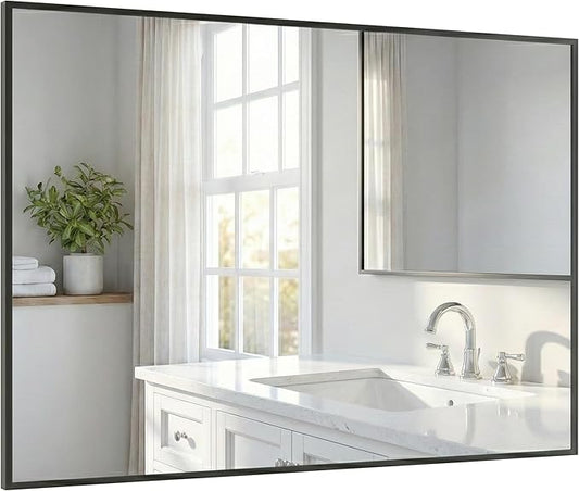 48''x36'' Extra Large Black Bathroom Mirror, Metal Framed Vanity Mirror for Wall, Wide 36x48 Rectangular Mirror Over Sink, Industrial Decor, Flush Mount