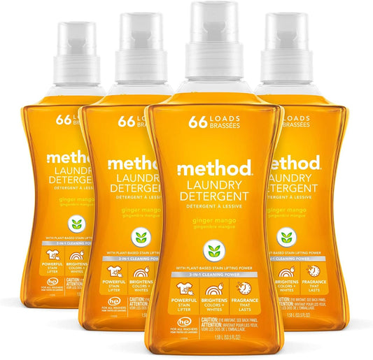 Method Liquid Laundry Detergent; Ginger Mango Scent; Stain Remover; 66 Loads per 53.5 fl oz bottle; 4 Pack (264 Total Loads); Packaging May Vary