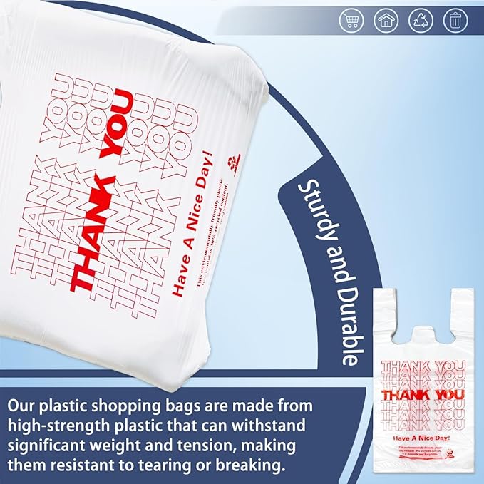 YoYoRain White Thank you T shirt bag, Grocery shopping bag Reusable and Disposable Supermarket Bag 11''x6''x21'' 200PCS