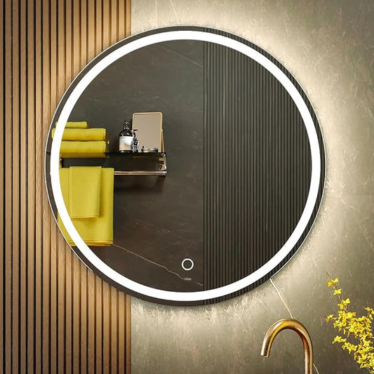 KWW 28 Inch Large Modern LED Round Bathroom Vanity Mirror, Color Temperature Adjustable, Anti-Fog Dimmable Lights, Easy to Install, Wall Mounted Makeup Mirror with Smart Touch Button