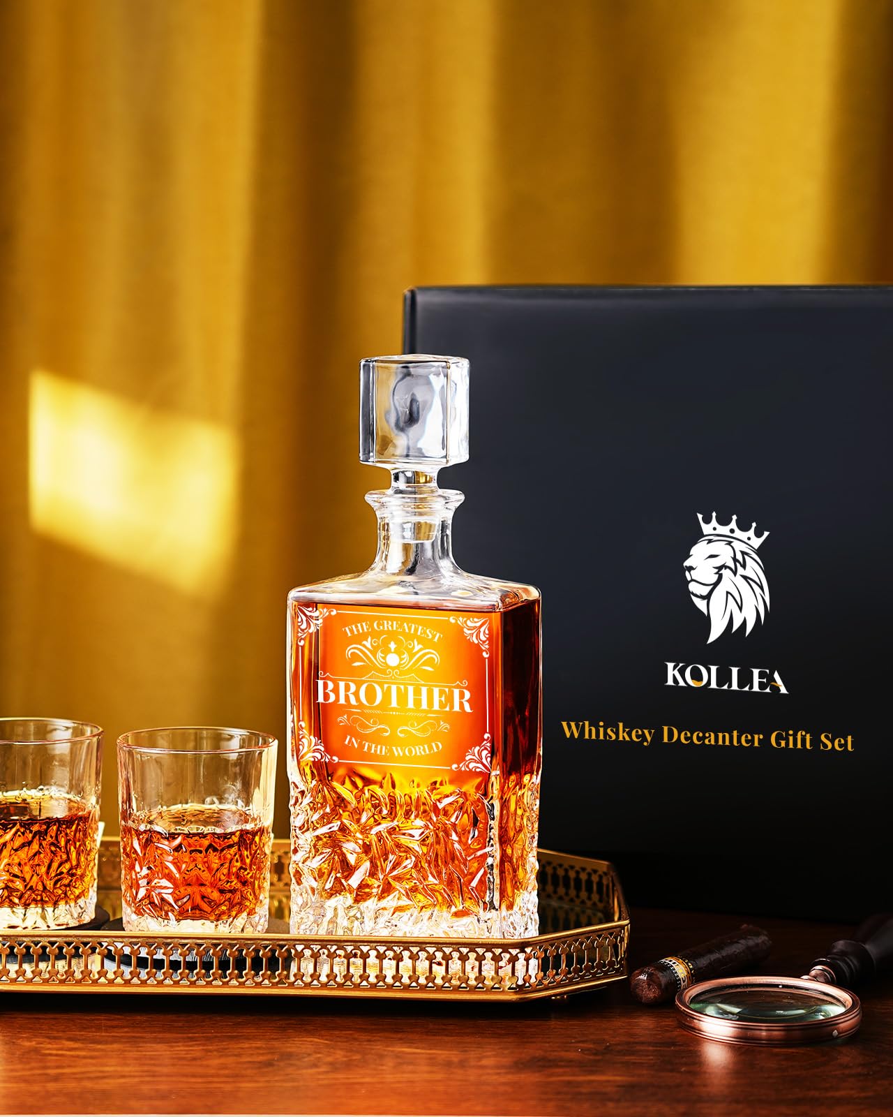 Kollea Christmas Gifts for Brother, 27 Oz Whiskey Decanter Set with 2 Glasses & Whiskey Stones, Best Brother Birthday Gifts from Sister Brother, Unique Cool Anniversary Presents Ideas for Men Him