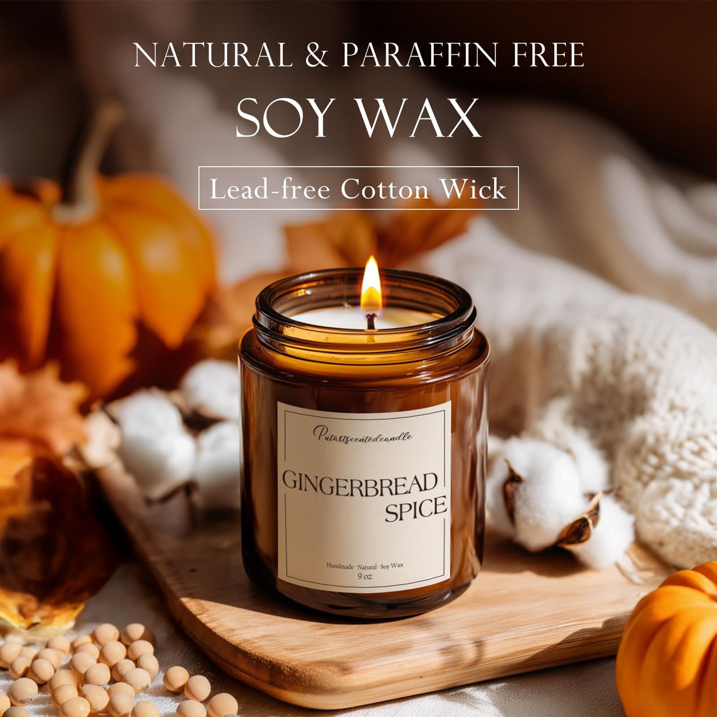 Putart Gingerbread Spice Candles for Home Scented, Natural Soy Wax Aromatherapy Non Toxic Christmas Candle with Long Lasting Burn, Xmas Jar Candle Gifts for House Fragrance Decoration (9oz)