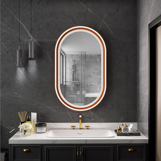 Led Bathroom Mirror with Lights, 20'' x 33'' Oval Heavy Duty Aluminum Frame Bathroom Vanity Mirror with Lights, 3 Colors, Brightness Stepless Dimmable, Anti-Fog, Memory Function, Double LED Orange
