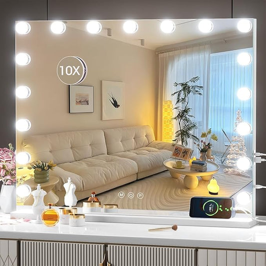 Hasipu 24" x20â Hollywood Vanity Mirror with Lights - Makeup Mirror with 17 Dimmable LED Bulbs, 10X Magnification, Touch Control, USB & Type-C Charging Port (Square White)