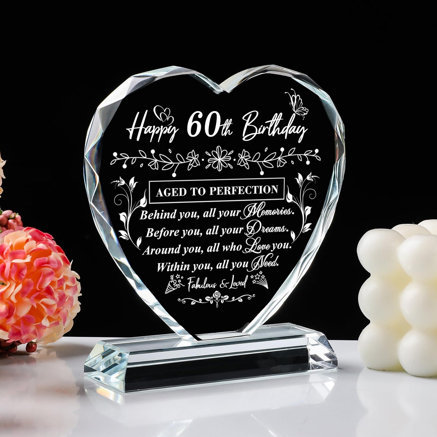 QIANRUNA 60th Birthday Gifts for Women Men, Laser Crystal Heart 60th Birthday Decorations Ideas, Happy Birthday Gifts for 60 Year Old Men Women Husband Wife Mom Dad Friend